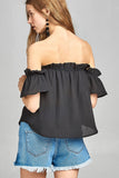 Ladies fashion short sleeve off the shoulder ruffled hem w/elastic detail wool dobby woven top