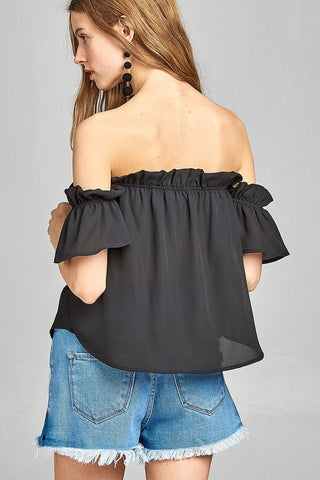 Ladies fashion short sleeve off the shoulder ruffled hem w/elastic detail wool dobby woven top
