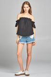 Ladies fashion short sleeve off the shoulder ruffled hem w/elastic detail wool dobby woven top