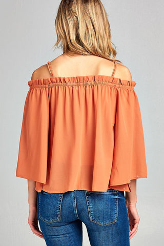 Ladies fashion bell sleeve open shoulder georgette chiffon woven top