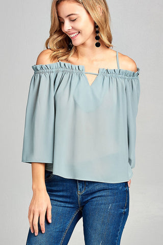 Ladies fashion bell sleeve open shoulder georgette chiffon woven top