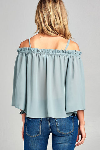 Ladies fashion bell sleeve open shoulder georgette chiffon woven top