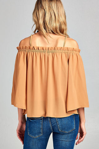Ladies fashion bell sleeve open shoulder georgette chiffon woven top