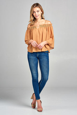 Ladies fashion bell sleeve open shoulder georgette chiffon woven top