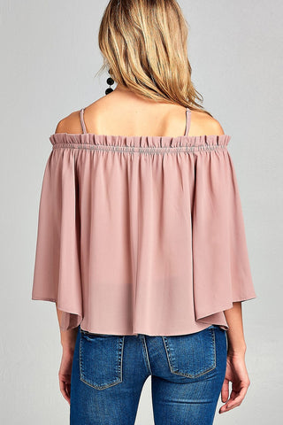 Ladies fashion bell sleeve open shoulder georgette chiffon woven top