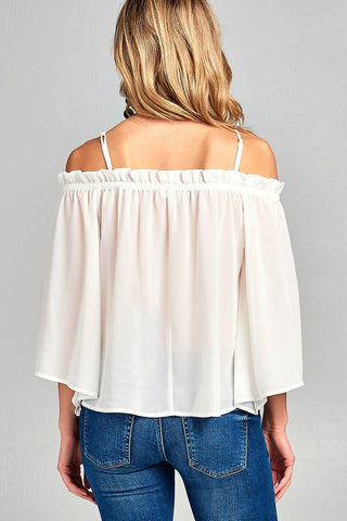 Ladies fashion bell sleeve open shoulder georgette chiffon woven top