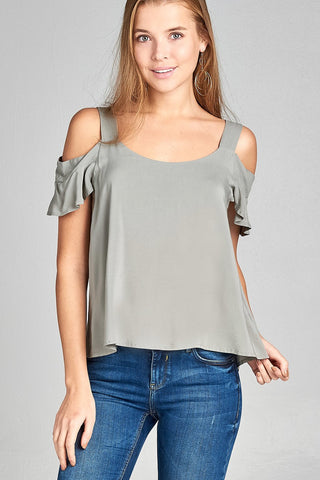 Ladies fashion open shoulder ruffle short sleeve back pleat detail rayon challis woven top