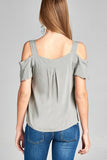 Ladies fashion open shoulder ruffle short sleeve back pleat detail rayon challis woven top