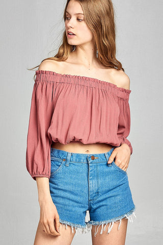 Sleeve W/Tie Drawstring Crop Crinkle Gauze Woven Top