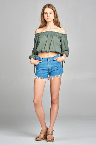 Sleeve W/Tie Drawstring Crop Crinkle Gauze Woven Top