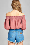 Sleeve W/Tie Drawstring Crop Crinkle Gauze Woven Top