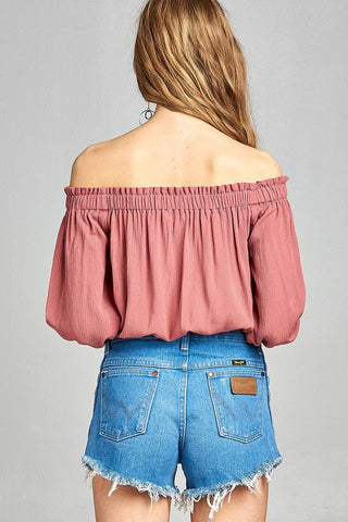 Sleeve W/Tie Drawstring Crop Crinkle Gauze Woven Top