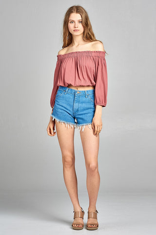 Sleeve W/Tie Drawstring Crop Crinkle Gauze Woven Top