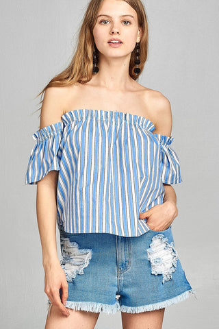 Ladies fashion short sleeve off the shoulder multi stripe top