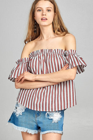 Ladies fashion short sleeve off the shoulder multi stripe top