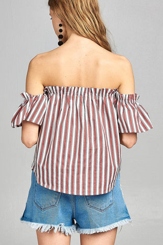 Ladies fashion short sleeve off the shoulder multi stripe top