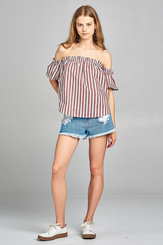 Ladies fashion short sleeve off the shoulder multi stripe top