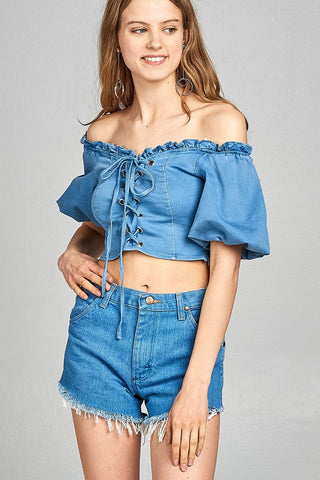 Ladies fashion short bubble sleeve heart neckline w/ruffle front ace-up denim crop top
