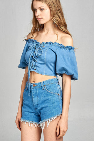 Ladies fashion short bubble sleeve heart neckline w/ruffle front ace-up denim crop top