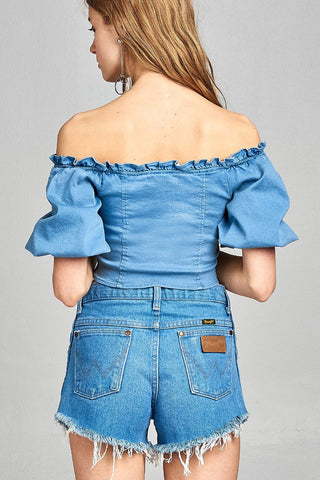 Ladies fashion short bubble sleeve heart neckline w/ruffle front ace-up denim crop top