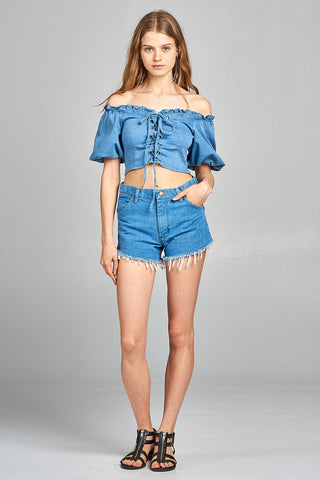 Ladies fashion short bubble sleeve heart neckline w/ruffle front ace-up denim crop top