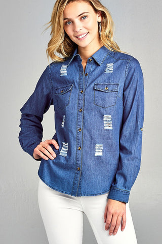 Ladies fashion 3/4 roll up sleeve distressed chambray shirts