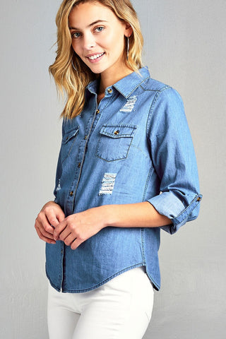 Ladies fashion 3/4 roll up sleeve distressed chambray shirts