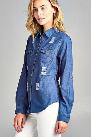 Ladies fashion 3/4 roll up sleeve distressed chambray shirts