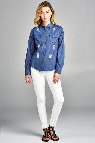 Ladies fashion 3/4 roll up sleeve distressed chambray shirts
