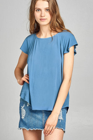 Ladies fashion short sleeve ruffled round neck strappy back detail crinkle gauze woven top