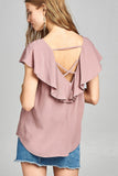 Ladies fashion short sleeve ruffled round neck strappy back detail crinkle gauze woven top