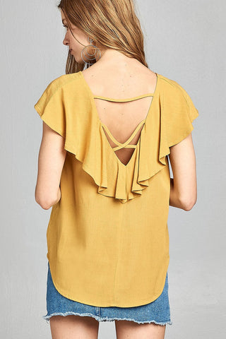 Ladies fashion short sleeve ruffled round neck strappy back detail crinkle gauze woven top