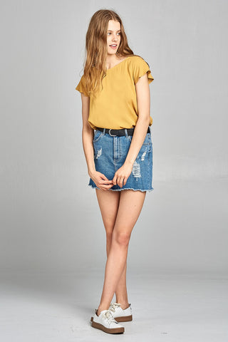 Ladies fashion short sleeve ruffled round neck strappy back detail crinkle gauze woven top