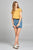 Ladies fashion short sleeve ruffled round neck strappy back detail crinkle gauze woven top