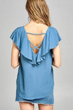 Ladies fashion short sleeve ruffled round neck strappy back detail crinkle gauze woven top