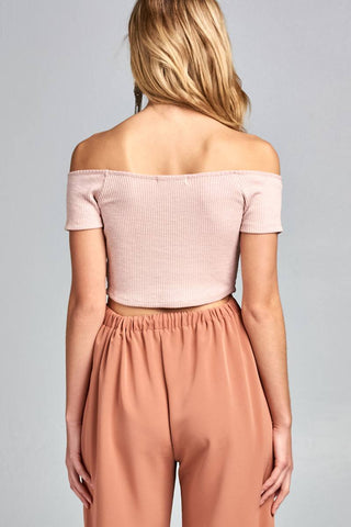 Ladies fashion short sleeve off the shoulder front shirring detail crop knit top