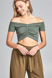 Ladies fashion short sleeve off the shoulder front shirring detail crop knit top
