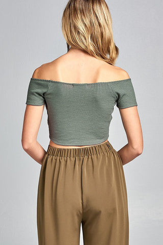 Ladies fashion short sleeve off the shoulder front shirring detail crop knit top