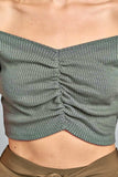 Ladies fashion short sleeve off the shoulder front shirring detail crop knit top