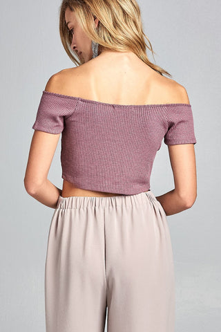 Ladies fashion short sleeve off the shoulder front shirring detail crop knit top