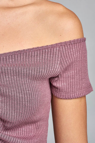 Ladies fashion short sleeve off the shoulder front shirring detail crop knit top
