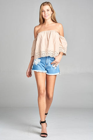 Ladies fashion plus size short sleeve off the shoulder crochet eyelet cotton top