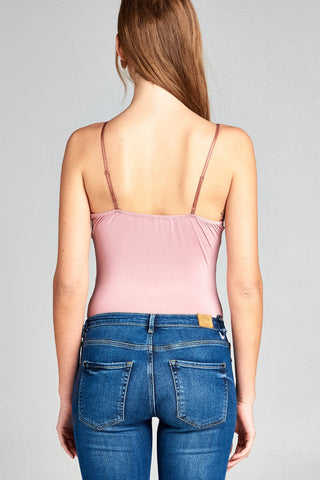 Ladies fashion v-neck w/contrast lace trim poly spandex knit cami bodysuit