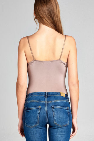 Ladies fashion v-neck w/contrast lace trim poly spandex knit cami bodysuit