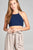 Ladies fashion  round halter neck smocked fabric waist ribbon tie crop crinkle gauze woven top