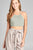Ladies fashion  round halter neck smocked fabric waist ribbon tie crop crinkle gauze woven top