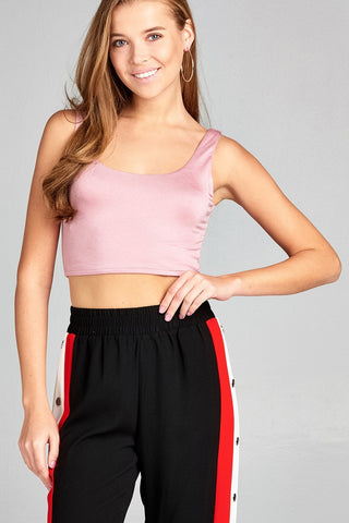 Ladies fashion sleeveless double scoop neck two ply crop rayon spandex top
