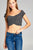 Ladies fashion short sleeve off the shoulder front shirring detail crop stripe rayon spandex rib top