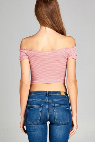 Ladies fashion short sleeve off the shoulder front shirring detail crop stripe rayon spandex rib top