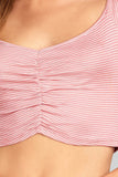 Ladies fashion short sleeve off the shoulder front shirring detail crop stripe rayon spandex rib top